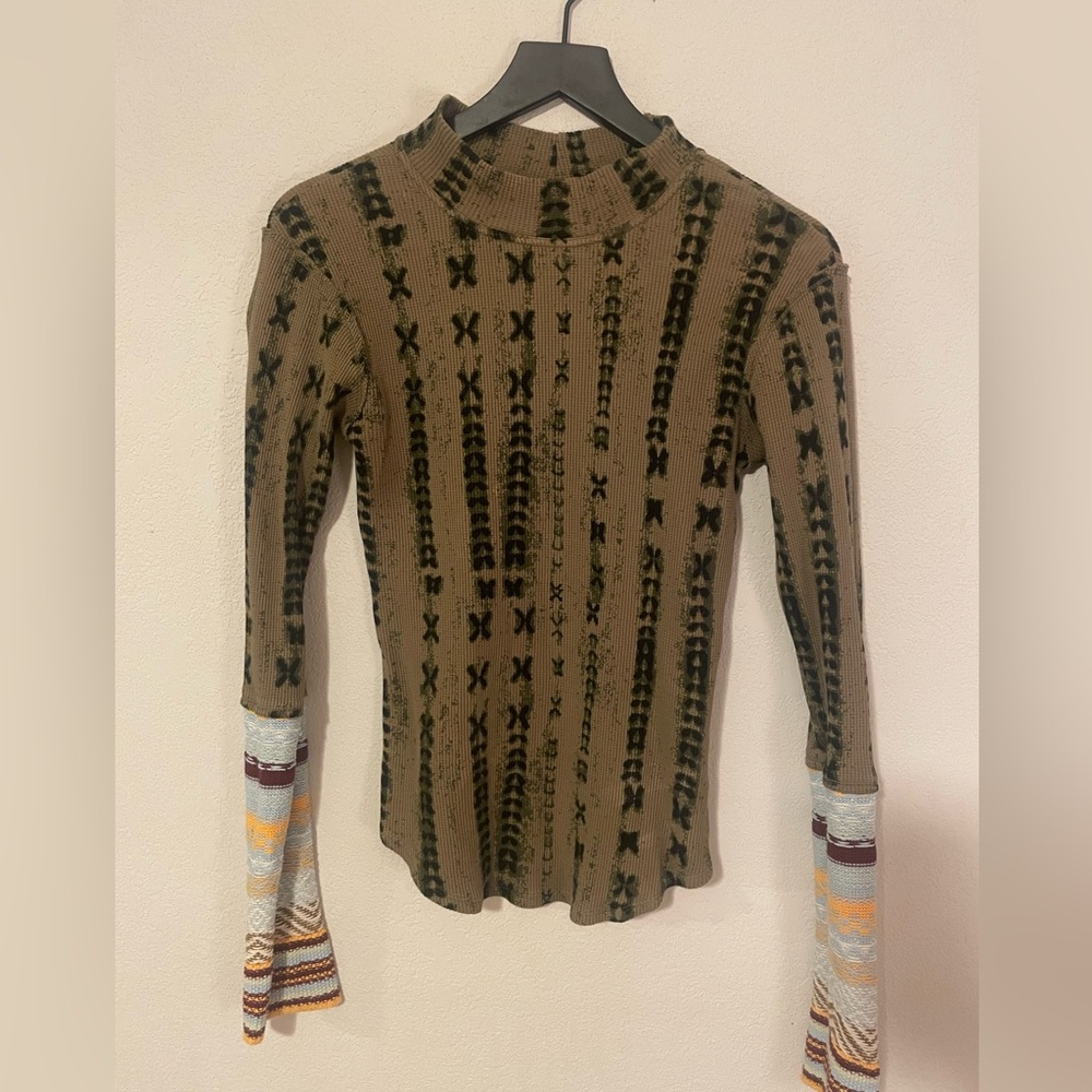 FREE PEOPLE Wonderful Swit Thermal Knit Sleeve Mock Neck Top sz L